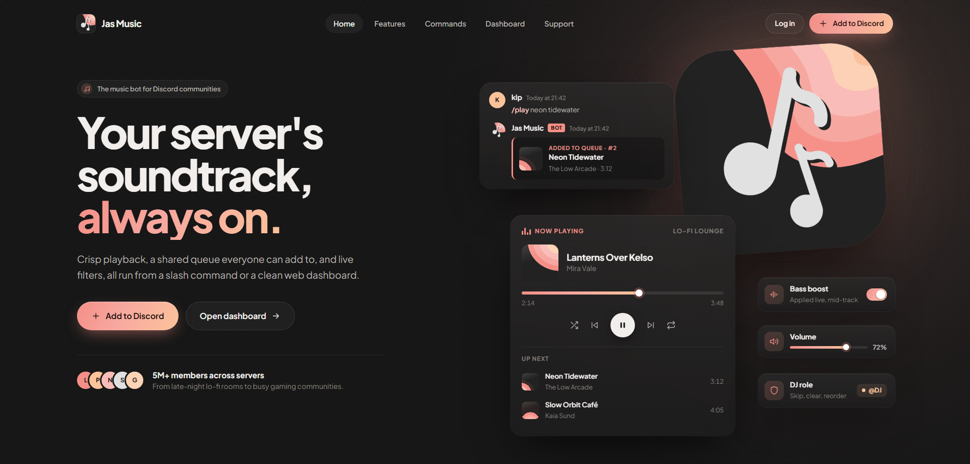 Concept landing page for Jas Music: the headline "Your server's soundtrack, always on.", a Discord chat card, a now-playing card and playback controls.